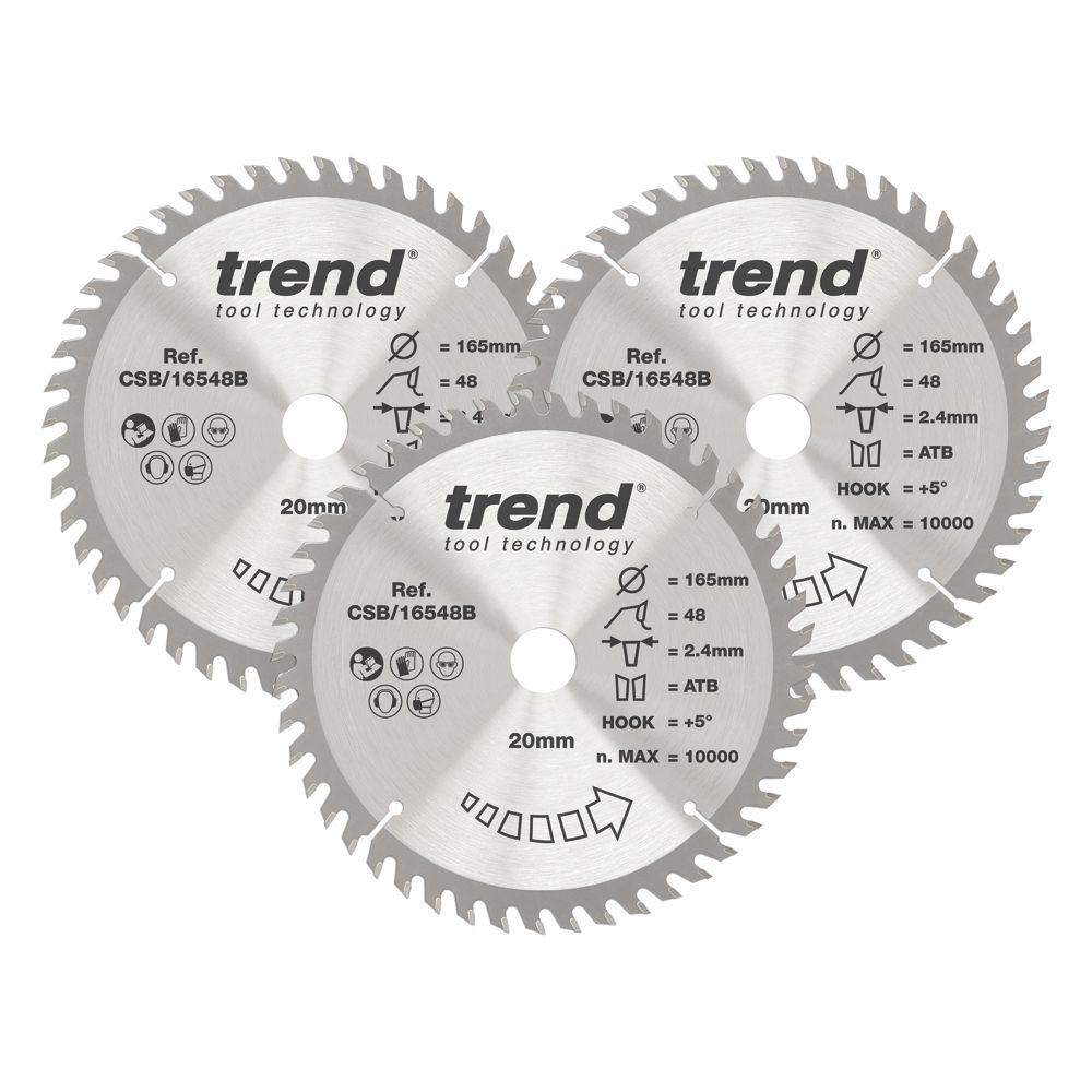 Image of Trend Wood TCT Circular Saw Blades 165mm x 20mm 48T 3 Pack 