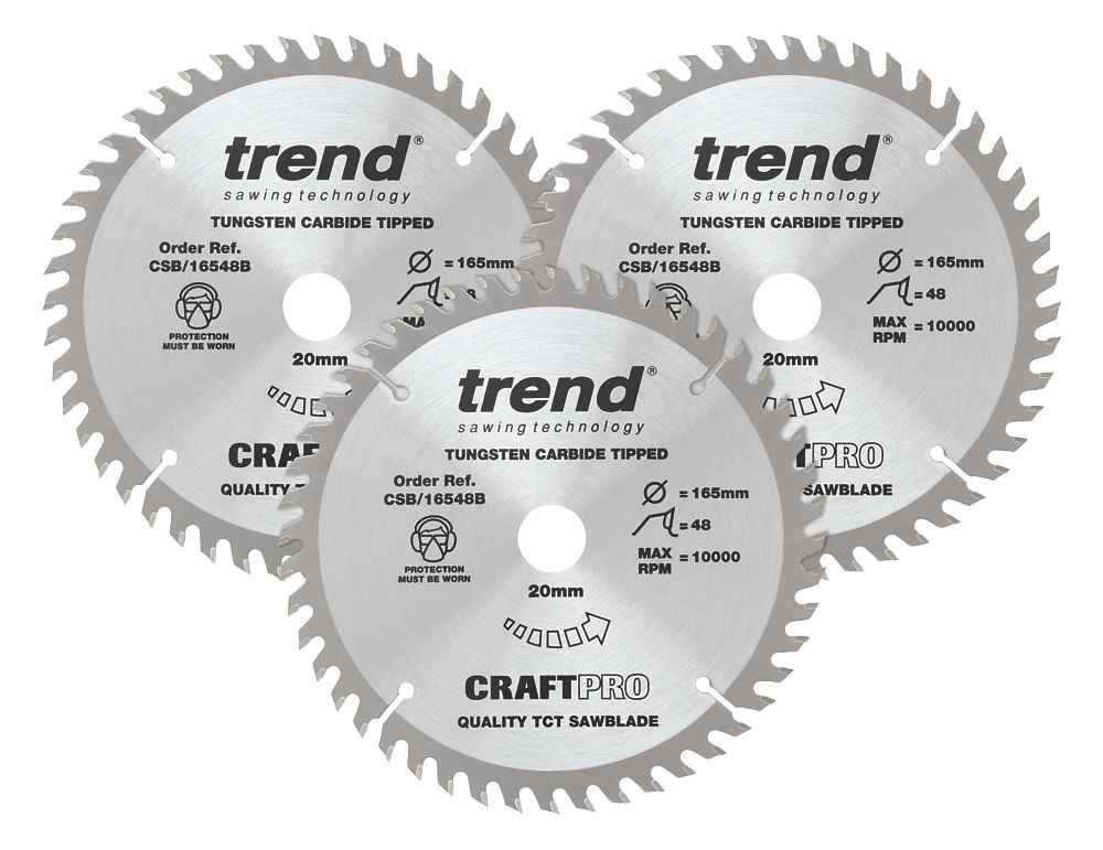 Image of Trend Wood TCT Circular Saw Blades 165mm x 20mm 48T 3 Pack 
