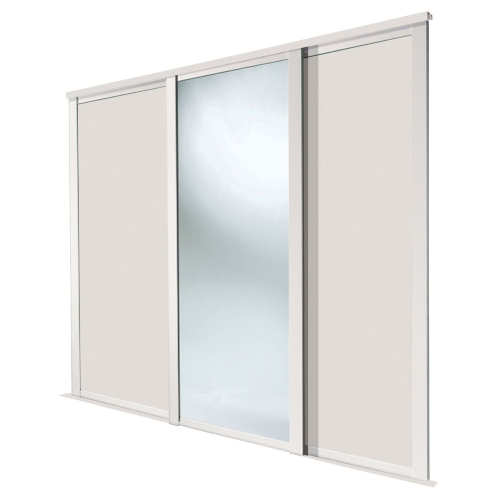 Image of Spacepro Shaker 3-Door Sliding Wardrobe Door Kit Cashmere Frame Cashmere / Mirror Panel 1680mm x 2260mm 
