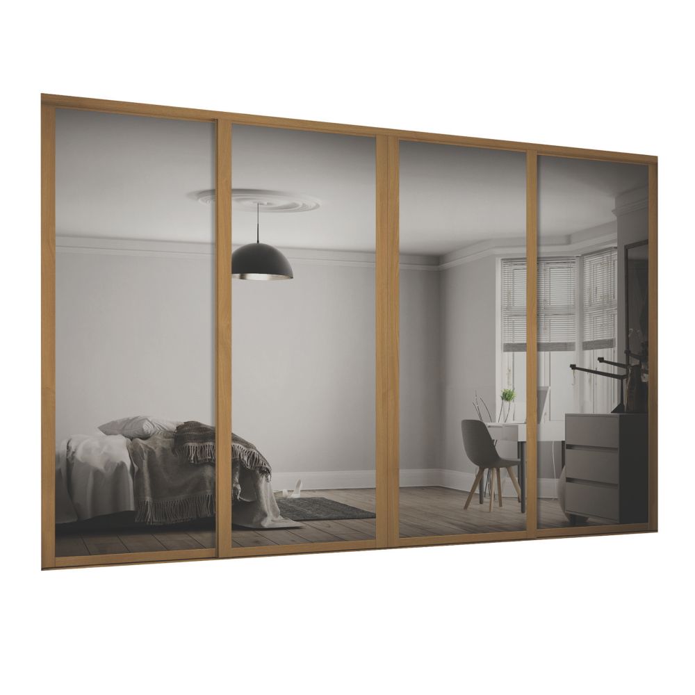 Image of Spacepro Shaker 4-Door Framed Sliding Wardrobe Mirror Doors Oak Frame Mirror Panel 2898mm x 2260mm 