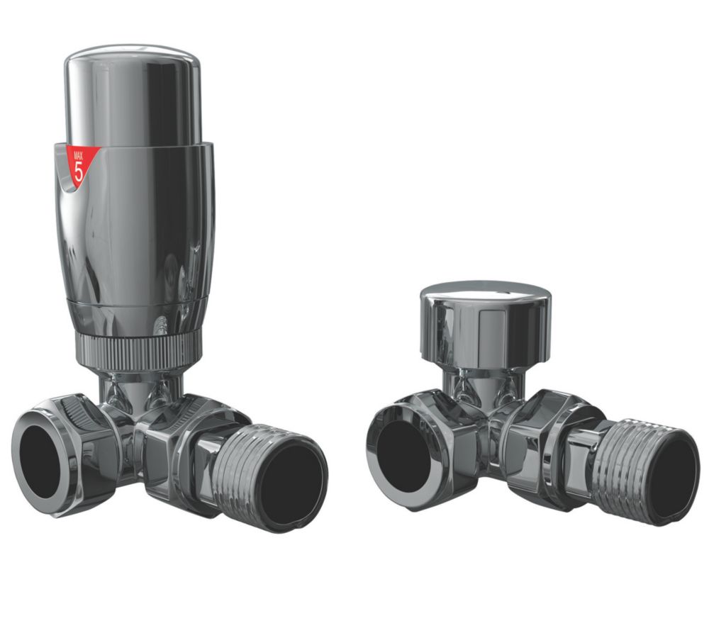 Image of Cassellie Chrome Angled Thermostatic TRV & Lockshield 15mm x 1/2" 