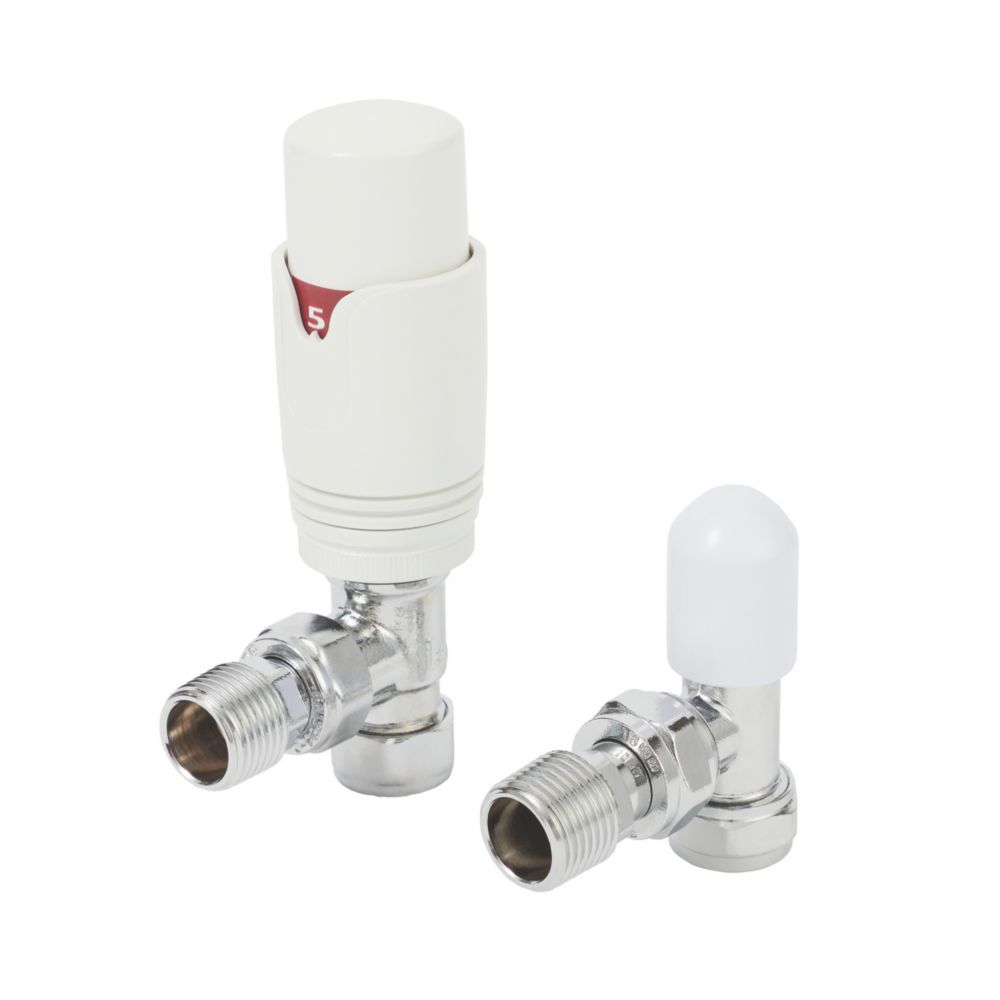 Image of Flomasta White Angled Thermostatic Radiator Valve & Lockshield 15mm x 1/2" 