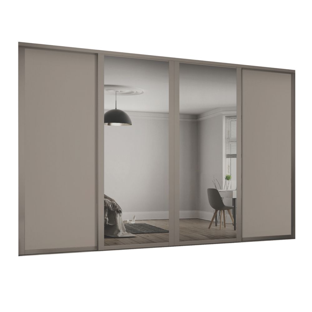Image of Spacepro Shaker 4-Door Sliding Wardrobe Door Kit Stone Grey Frame Stone Grey / Mirror Panel 2290mm x 2260mm 