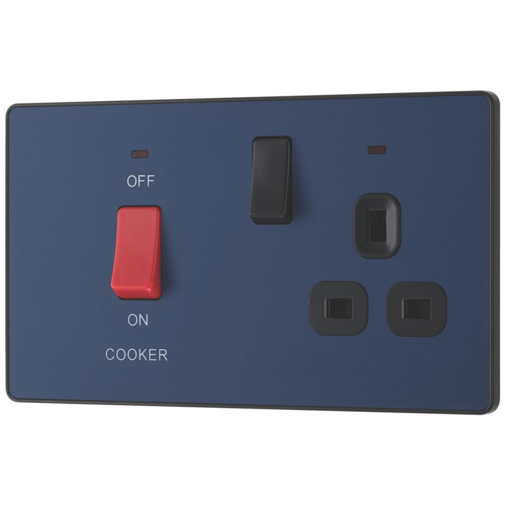 Image of British General Evolve 45A 2-Gang 2-Pole Cooker Switch & 13A DP Switched Socket Blue with LED with Black Inserts 