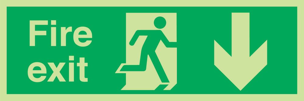Image of Nite-Glo Photoluminescent "Fire Exit" Down Arrow Sign 150mm x 450mm 
