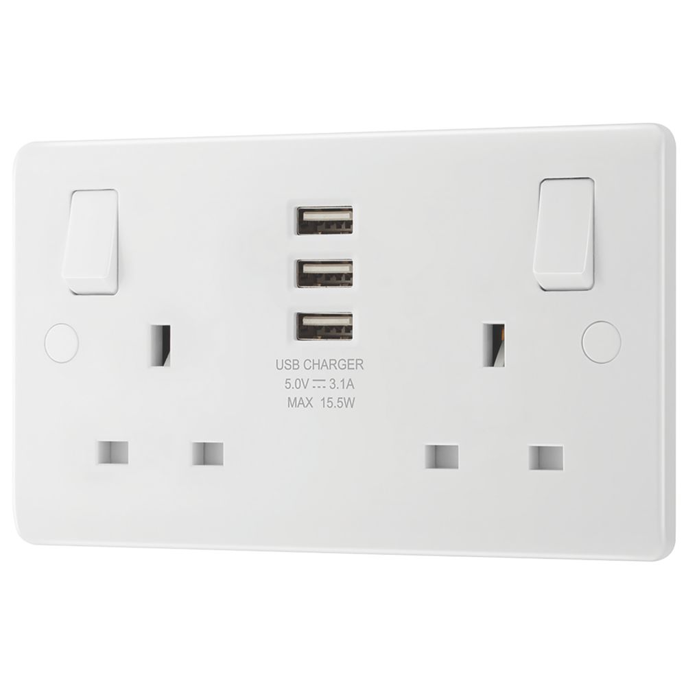 Image of LAP 13A 2-Gang SP Switched Socket + 3.1A 3-Outlet Type A USB Charger White 