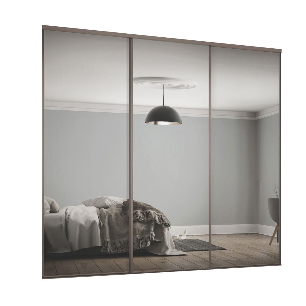 Image of Spacepro Classic 3-Door Sliding Wardrobe Door Kit Stone Grey Frame Mirror Panel 2216mm x 2260mm 