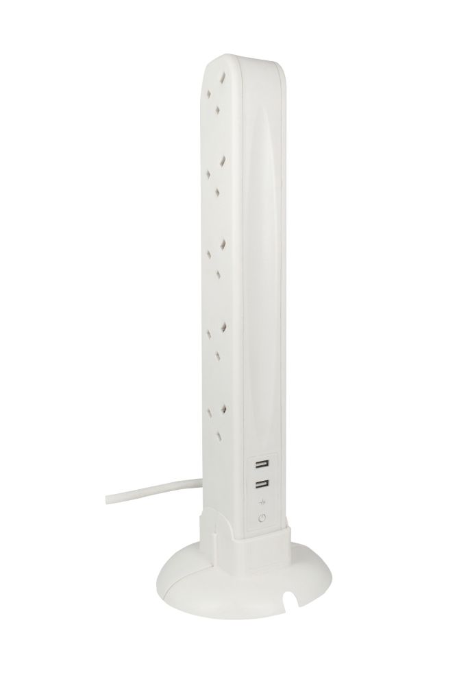 Image of Masterplug 13A 10-Gang Unswitched Surge-Protected Tower Extension Lead + 2.1A 2-Outlet Type A USB Charger 1m 