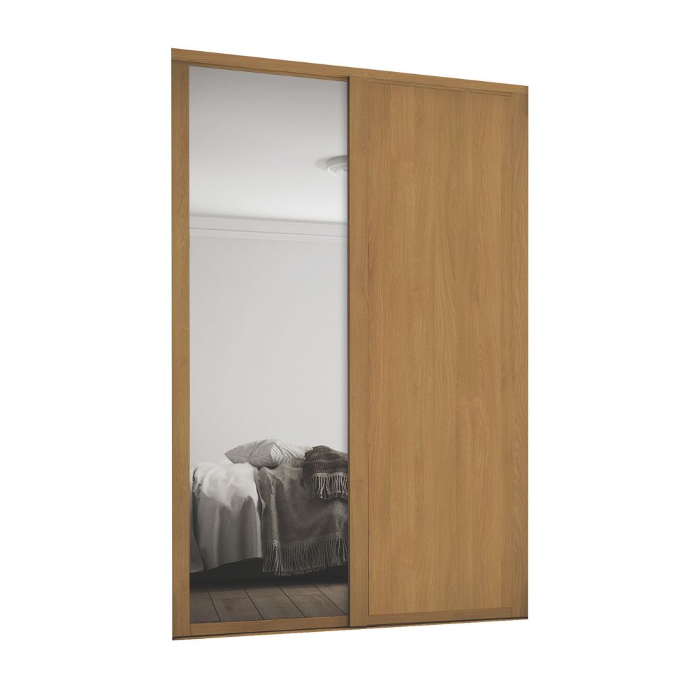 Image of Spacepro Shaker 2-Door Sliding Wardrobe Door Kit Oak Frame Oak / Mirror Panel 1449mm x 2260mm 