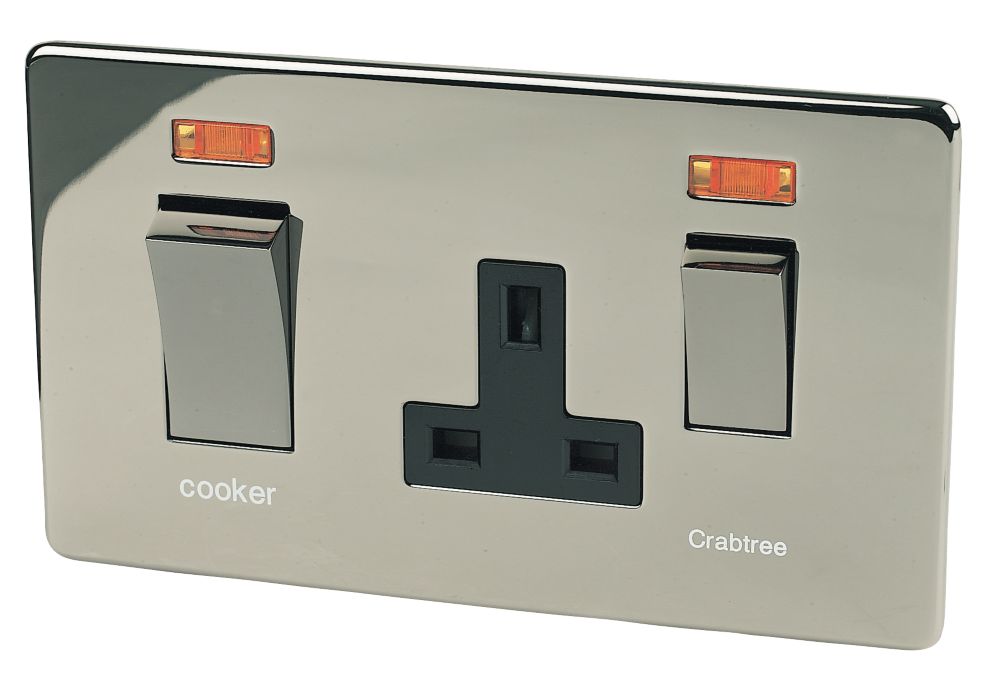 Image of Crabtree Platinum 45 A & 13A 2-Gang DP Cooker Switch & 13A DP Switched Socket Black Nickel with Neon with Black Inserts 