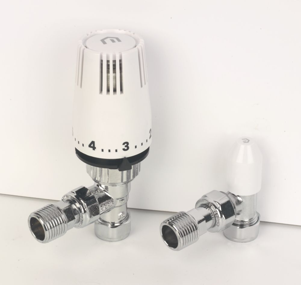 Image of Myson PLUSPAK10AC White Angled Thermostatic TRV & Lockshield 10mm x 1/2" 