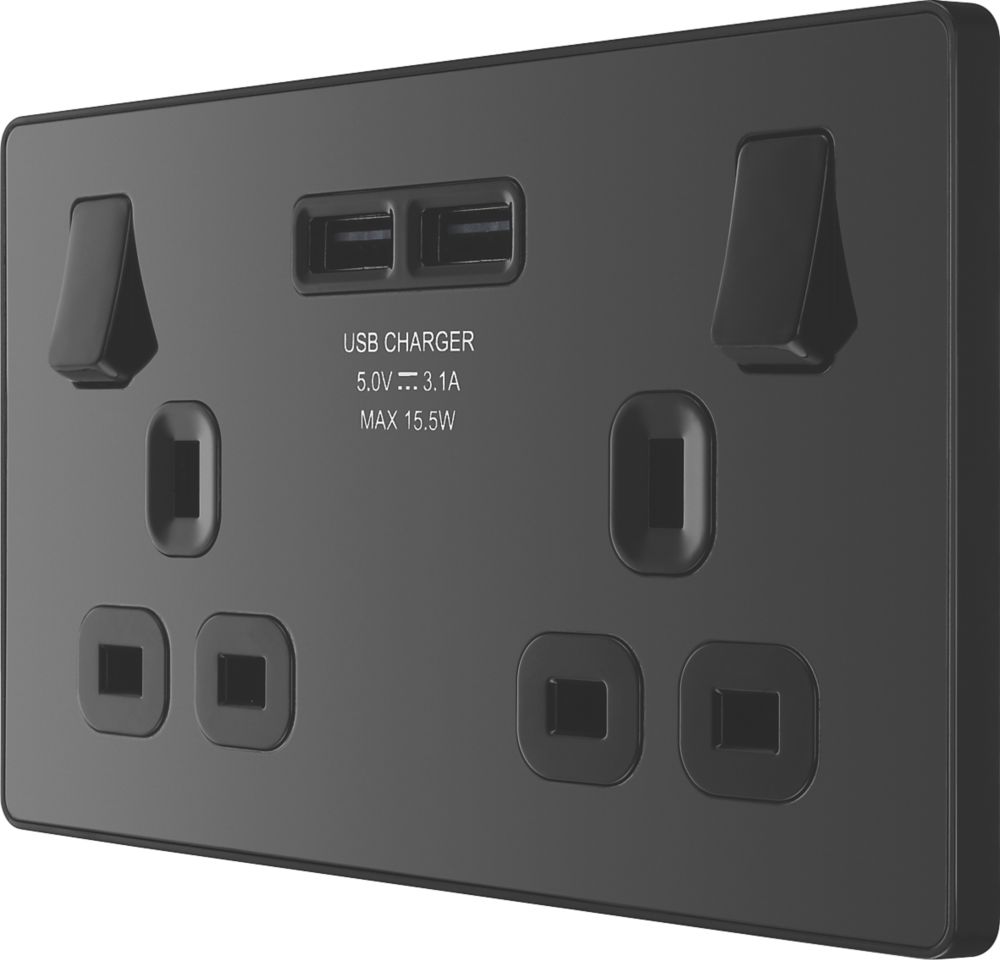 Image of British General Evolve 13A 2-Gang SP Switched Socket + 3.1A 2-Outlet Type A USB Charger Black with Black Inserts 