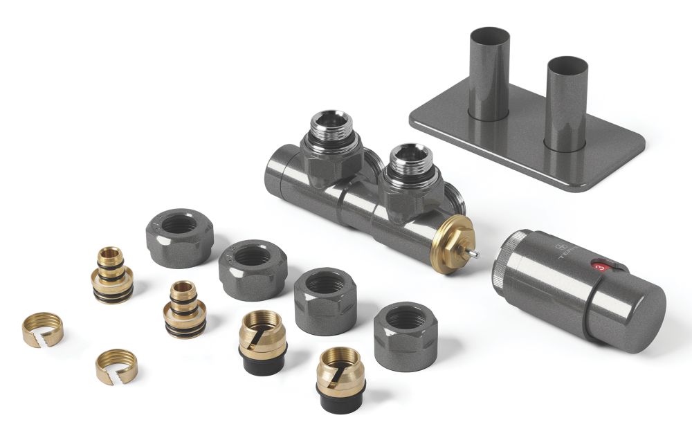 Image of Terma Twins All-in-One Integrated Grey Angled Thermostatic TRV, Lockshield & Pipe Masking Set R/S 1/2" x 15mm 