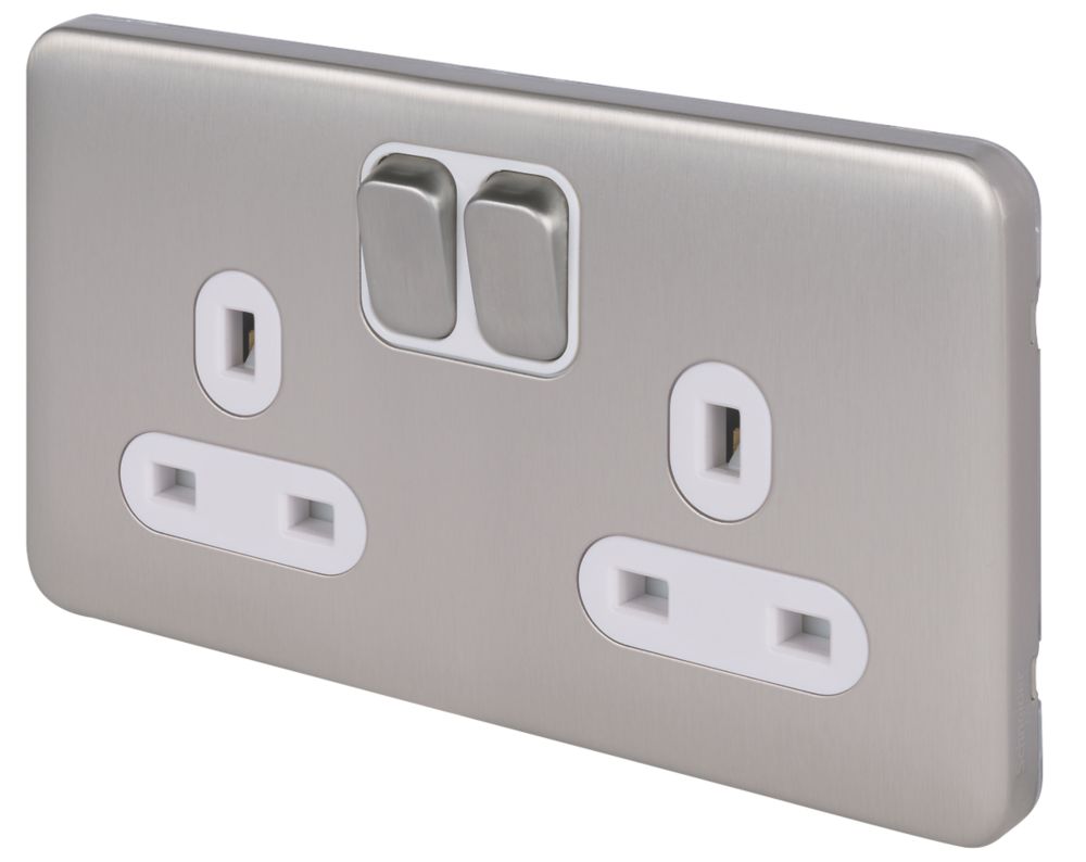 Image of Schneider Electric Lisse Deco 13A 2-Gang DP Switched Plug Socket Brushed Stainless Steel with White Inserts 