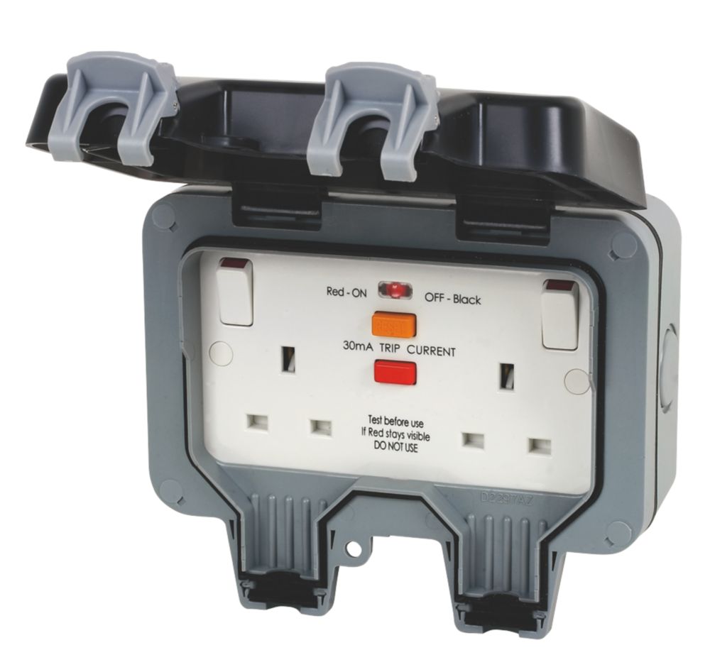 Image of British General IP66 13A 2-Gang SP Weatherproof Outdoor Switched Passive RCD Socket 