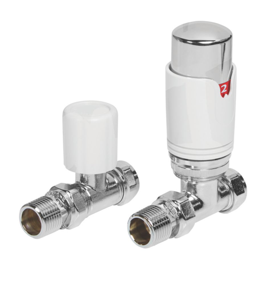 Image of Towelrads White Straight Thermostatic TRV & Lockshield 15mm x 1/2" 