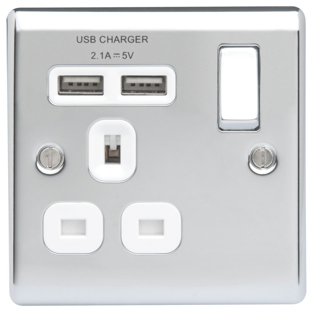 Image of British General Nexus Metal 13A 1-Gang SP Switched Socket + 2.1A 2-Outlet Type A USB Charger Polished Chrome with White Inserts 