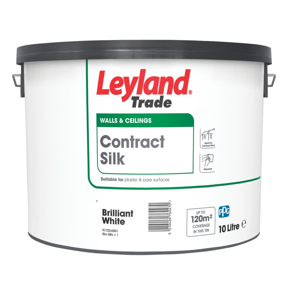 Image of Leyland Trade Contract Silk Brilliant White Emulsion Paint 10Ltr 