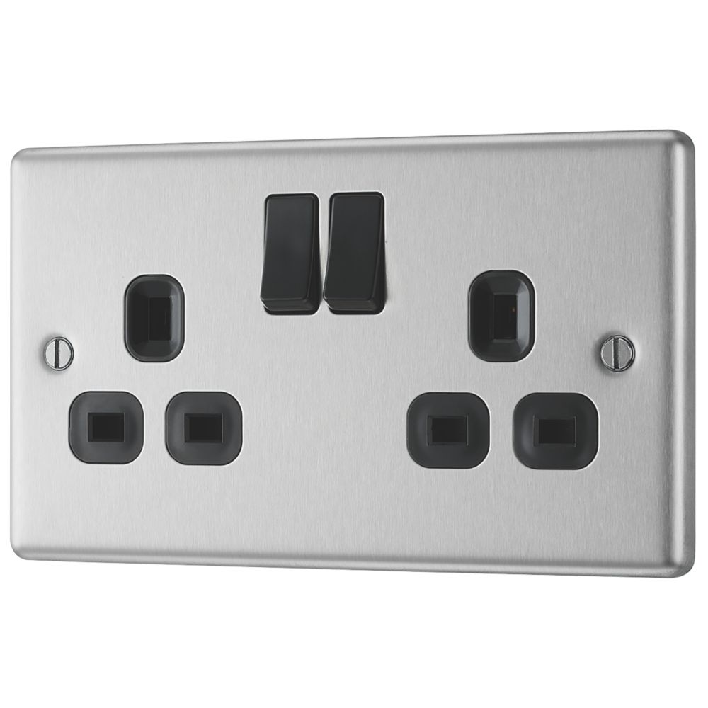 Image of LAP 13A 2-Gang SP Switched Plug Socket Brushed Stainless Steel with Black Inserts 