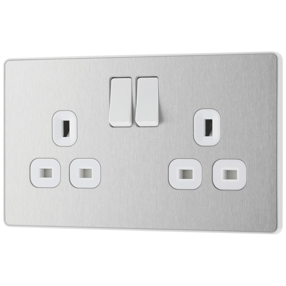 Image of British General Evolve 13A 2-Gang SP Switched Socket Brushed Steel with White Inserts 
