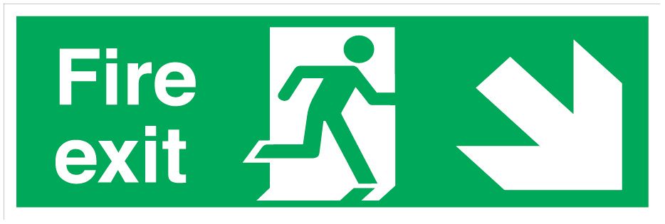 Image of Non Photoluminescent "Fire Exit" Down Right Arrow Signs 150mm x 450mm 50 Pack 