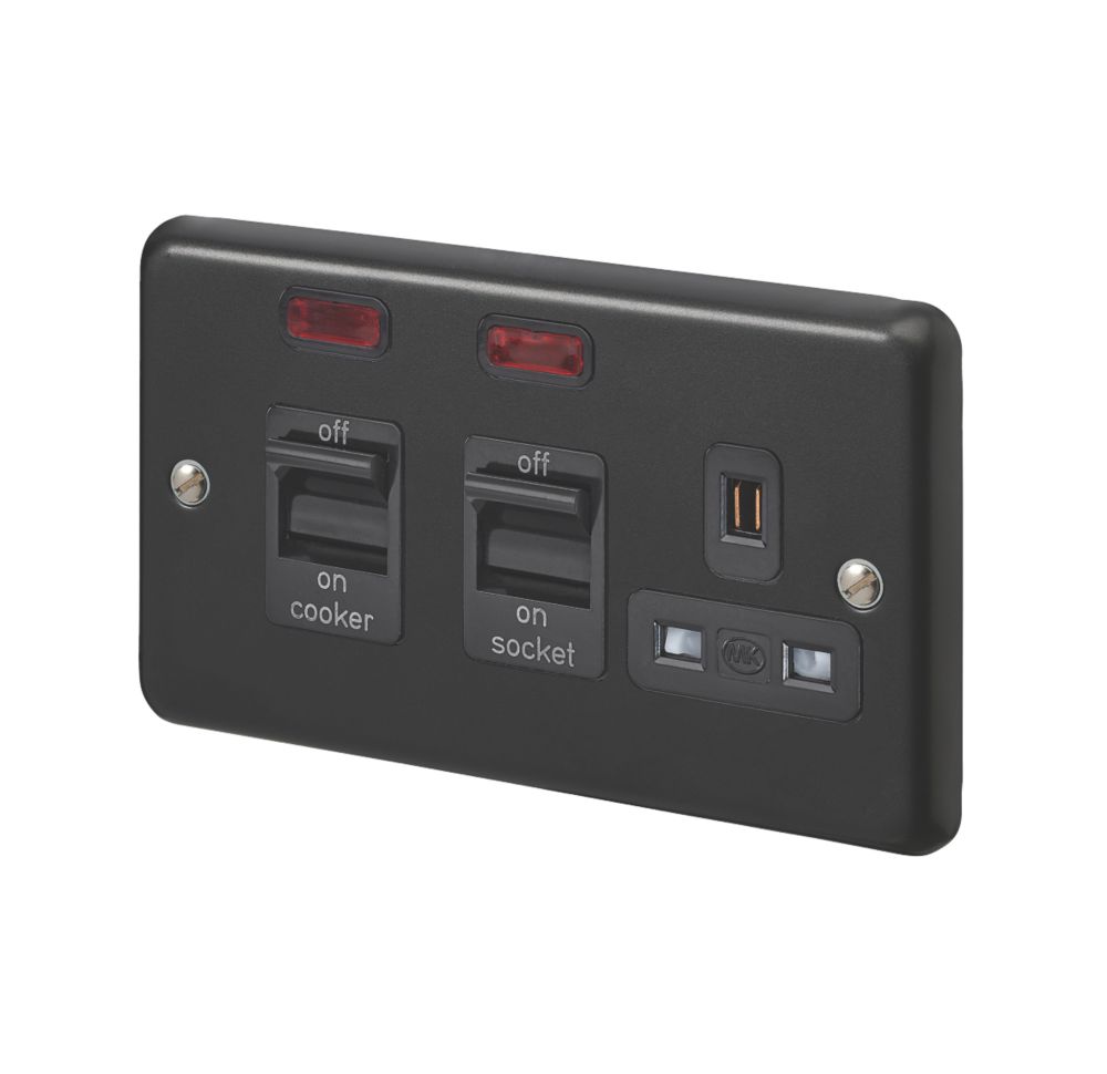 Image of MK Contoura 45A 2-Gang DP Cooker Switch & 13A DP Switched Socket Black with Neon with Colour-Matched Inserts 