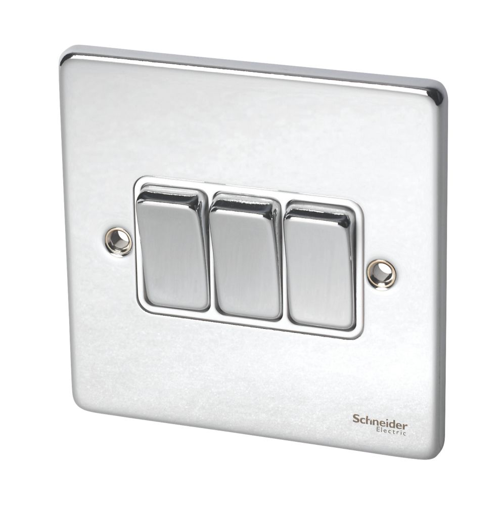 Image of Schneider Electric Ultimate Low Profile 16AX 3-Gang 2-Way Light Switch Polished Chrome with White Inserts 
