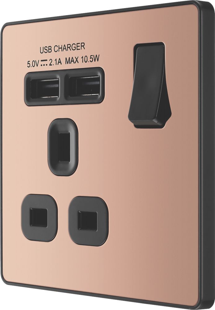 Image of British General Evolve 13A 1-Gang SP Switched Socket + 2.1A 2-Outlet Type A USB Charger Copper with Black Inserts 