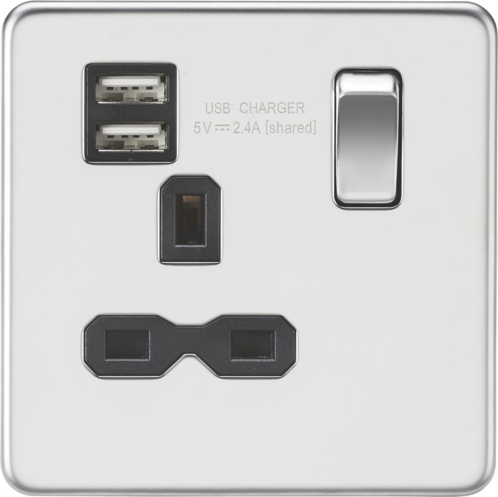 Image of Knightsbridge 13A 1-Gang SP Switched Socket + 2.4A 2-Outlet Type A USB Charger Polished Chrome with Black Inserts 