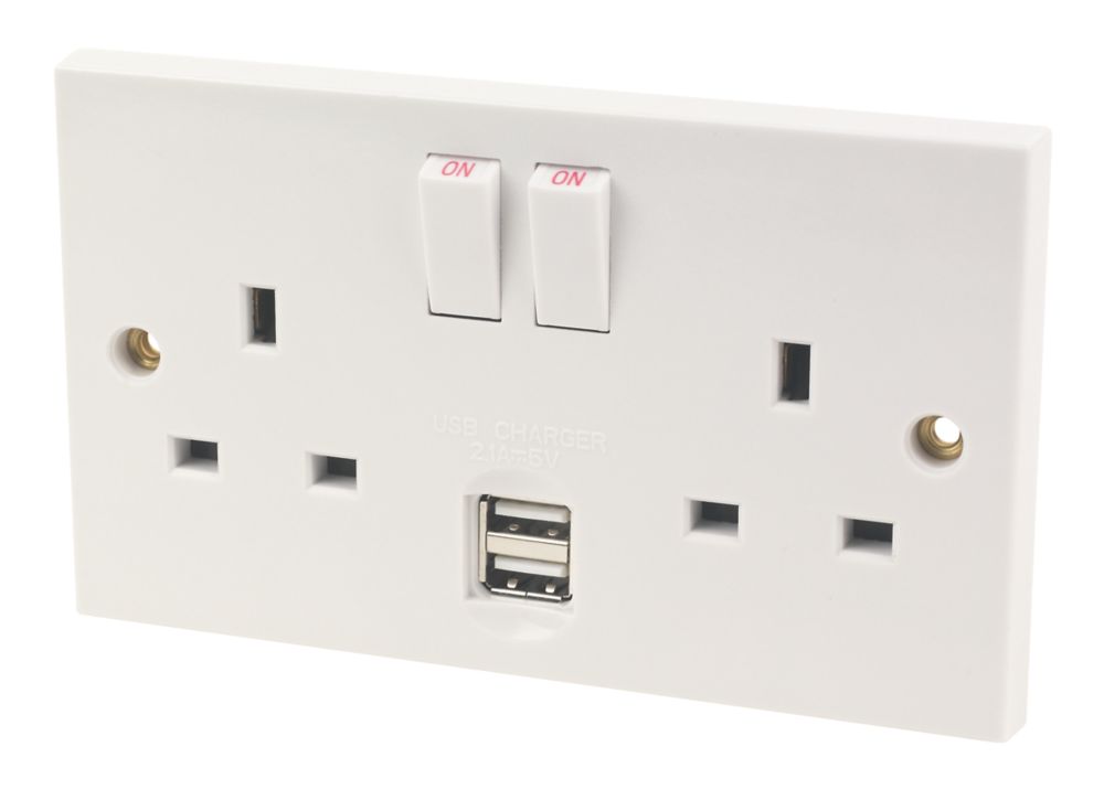 Image of 13A 2-Gang DP Switched Socket + 2.1A 2-Outlet Type A USB Charger White 