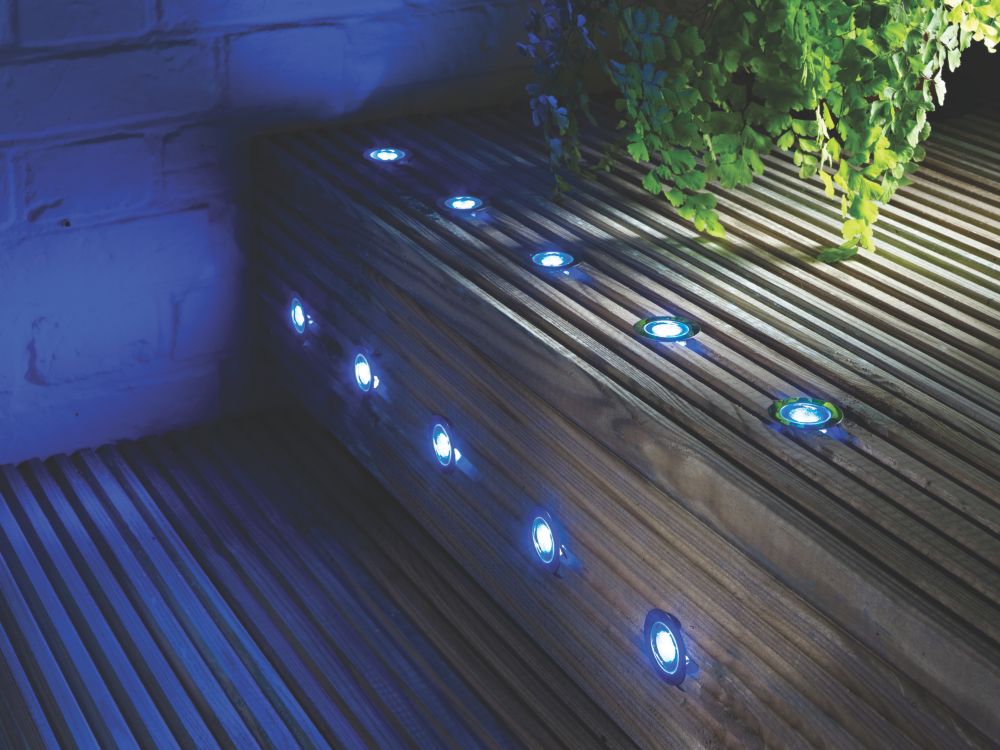 Image of LAP Coldstrip 30mm Outdoor Blue LED Recessed Deck Light Kit Brushed Chrome 4.4W 10 Pack 