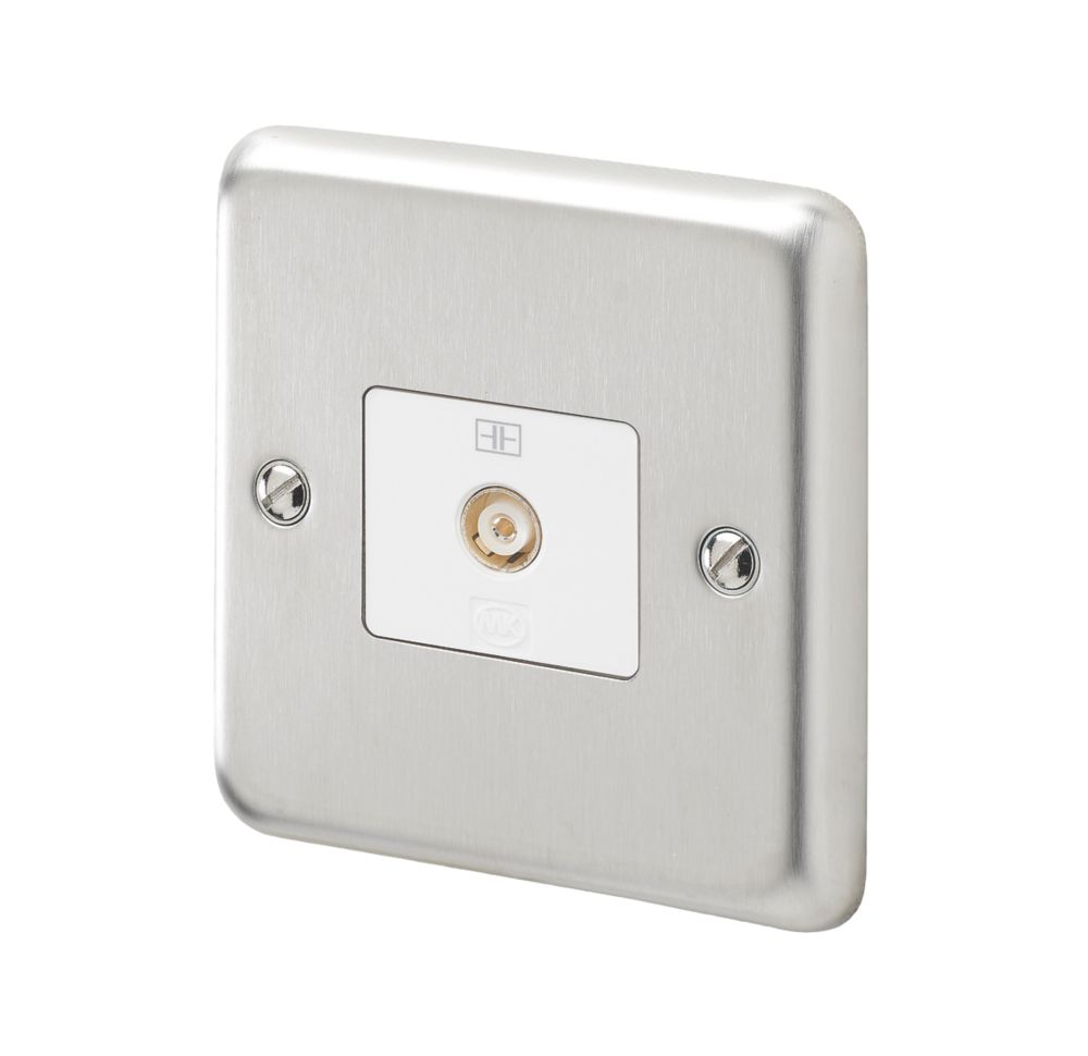 Image of MK Contoura 1-Gang Coaxial TV / FM Socket Brushed Stainless Steel with White Inserts 