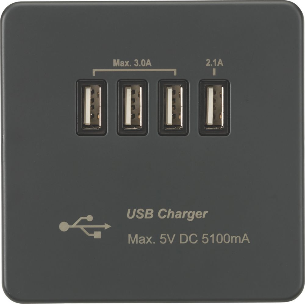 Image of Knightsbridge 5.1A 4-Outlet Type A USB Socket Anthracite with Black Inserts 