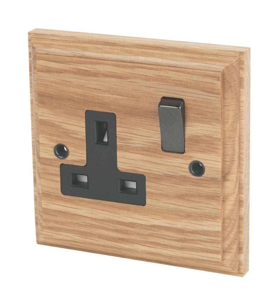 Image of Varilight 13AX 1-Gang DP Switched Plug Socket Classic Oak with Black Inserts 