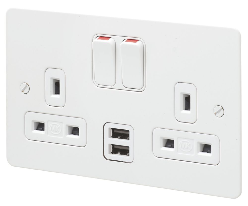 Image of MK Edge 13A 2-Gang DP Switched Socket + 2A 2-Outlet Type A USB Charger White with Colour-Matched Inserts 