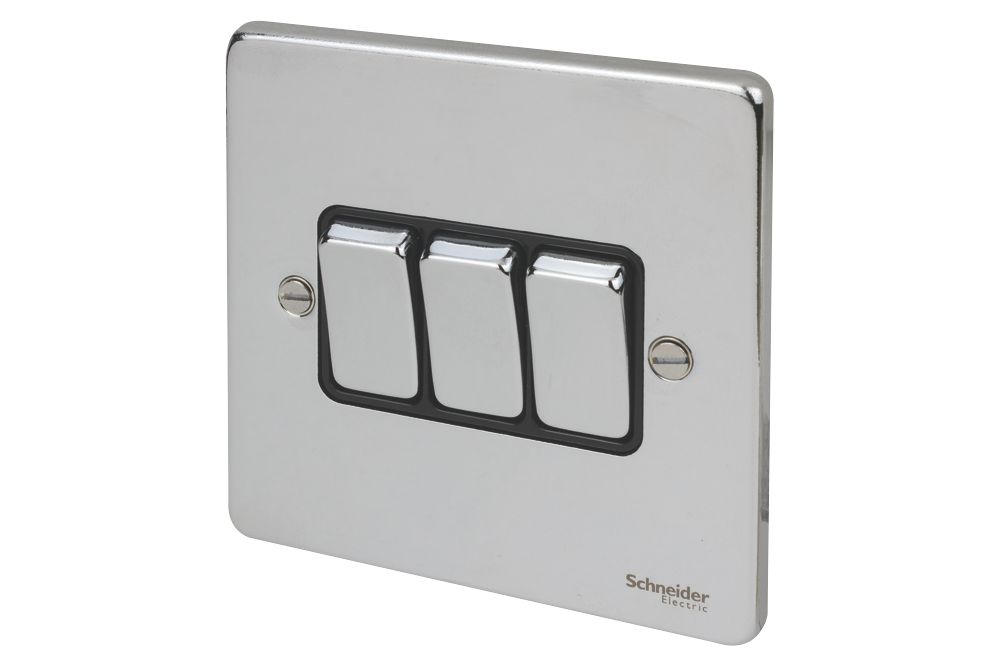 Image of Schneider Electric Ultimate Low Profile 16AX 3-Gang 2-Way Light Switch Polished Chrome with Black Inserts 