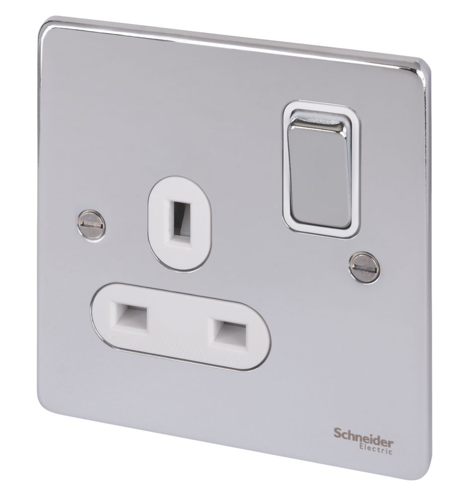 Image of Schneider Electric Ultimate Low Profile 13A 1-Gang SP Switched Plug Socket Polished Chrome with White Inserts 