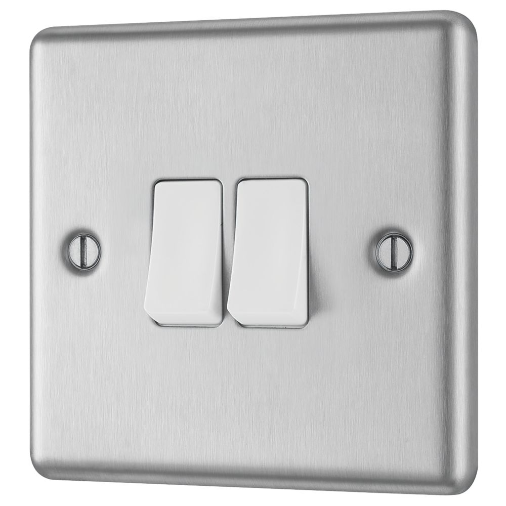 Image of LAP 10AX 2-Gang 2-Way Light Switch Brushed Stainless Steel with White Inserts 