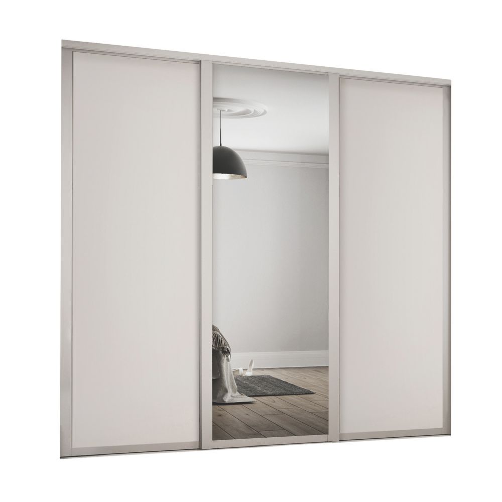 Image of Spacepro Shaker 3-Door Sliding Wardrobe Door Kit Cashmere Frame Cashmere / Mirror Panel 2592mm x 2260mm 