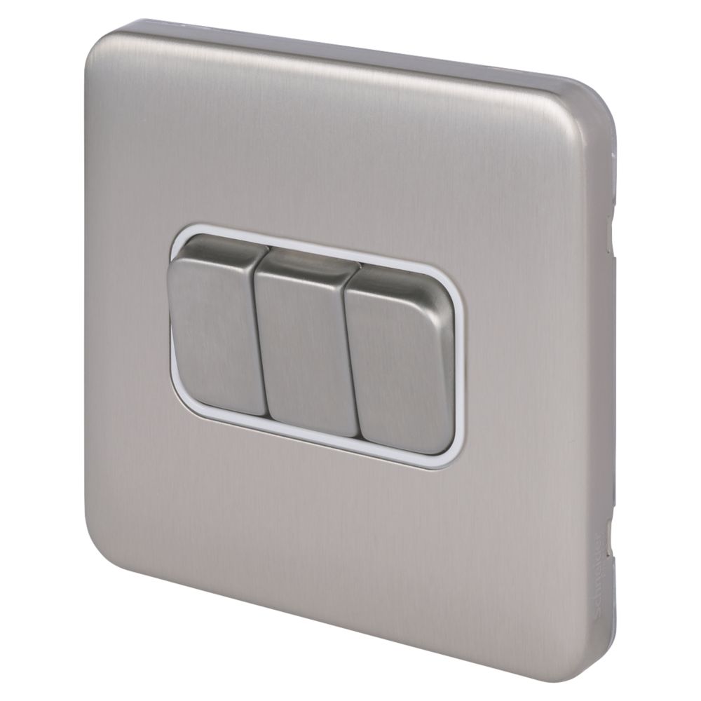 Image of Schneider Electric Lisse Deco 10AX 3-Gang 2-Way Light Switch Brushed Stainless Steel with White Inserts 