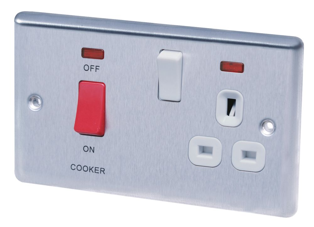 Image of LAP 45A 2-Gang DP Cooker Switch & 13A DP Switched Socket Brushed Stainless Steel with Neon with White Inserts 