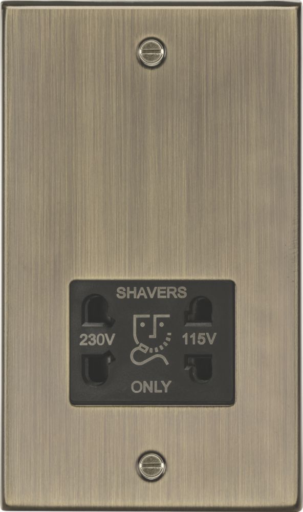 Image of Knightsbridge 2-Gang Dual Voltage Shaver Socket 115 V / 230V Antique Brass with Black Inserts 