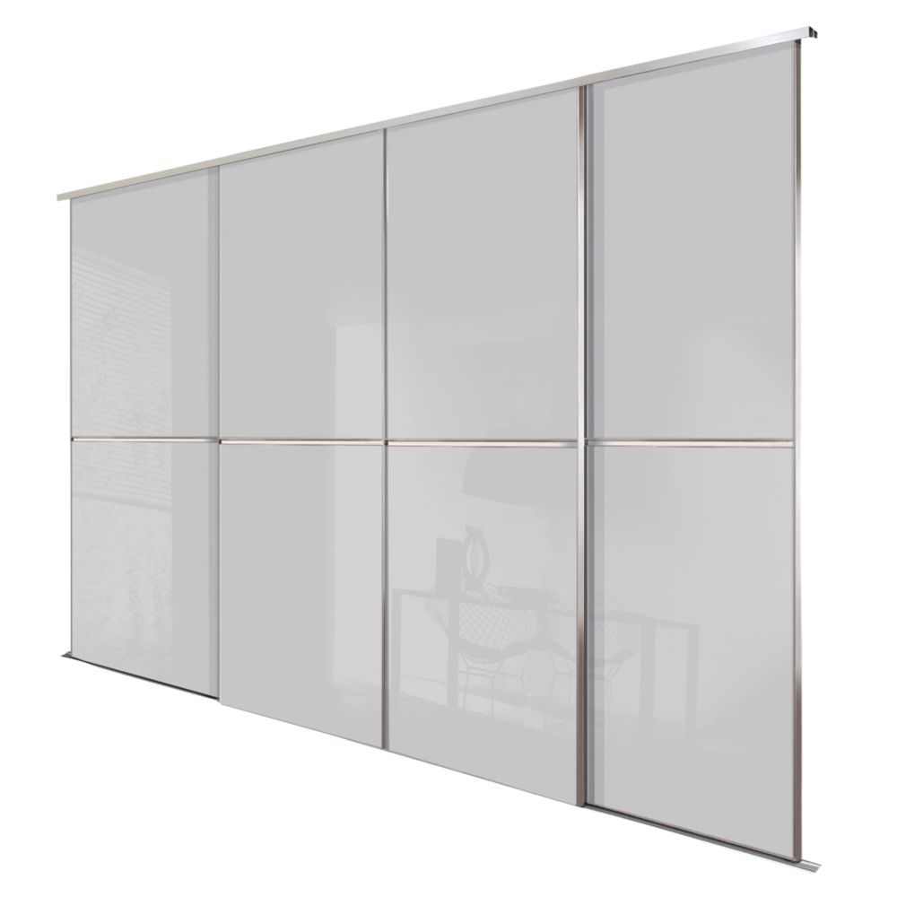 Image of Spacepro Minimalist 4-Door Sliding Wardrobe Door Kit Silver Frame Grey Glass Panel 2416mm x 2260mm 