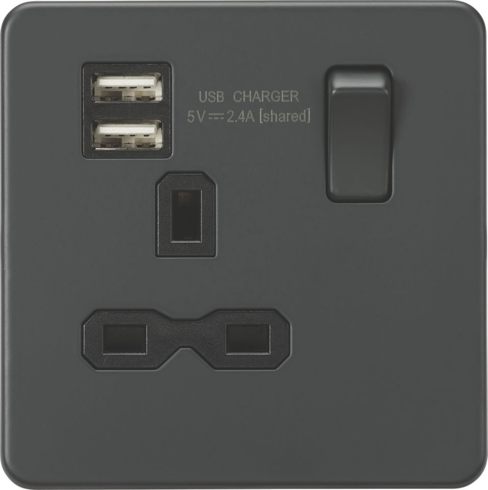 Image of Knightsbridge 13A 1-Gang SP Switched Socket + 2.4A 2-Outlet Type A USB Charger Anthracite with Black Inserts 