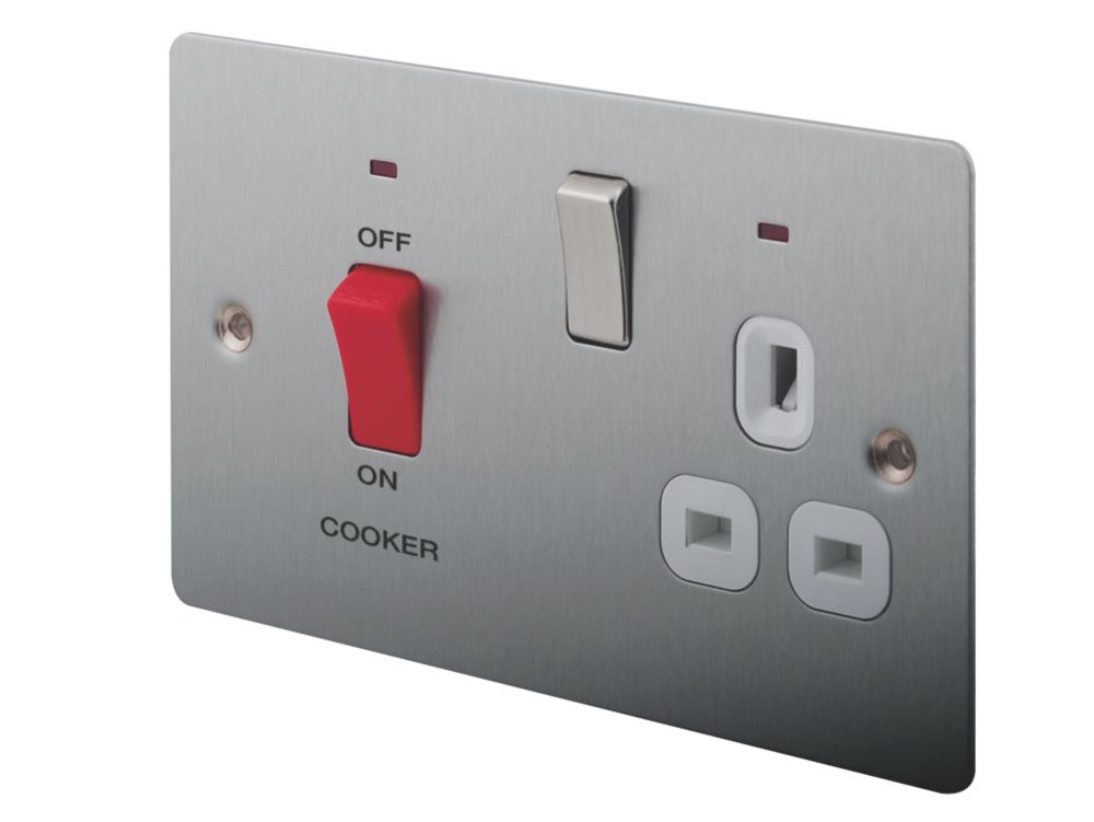 Image of LAP 45A 2-Gang DP Cooker Switch & 13A DP Switched Socket Brushed Stainless Steel with LED with White Inserts 