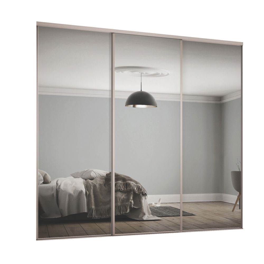 Image of Spacepro Classic 3-Door Sliding Wardrobe Door Kit Cashmere Frame Mirror Panel 1760mm x 2260mm 