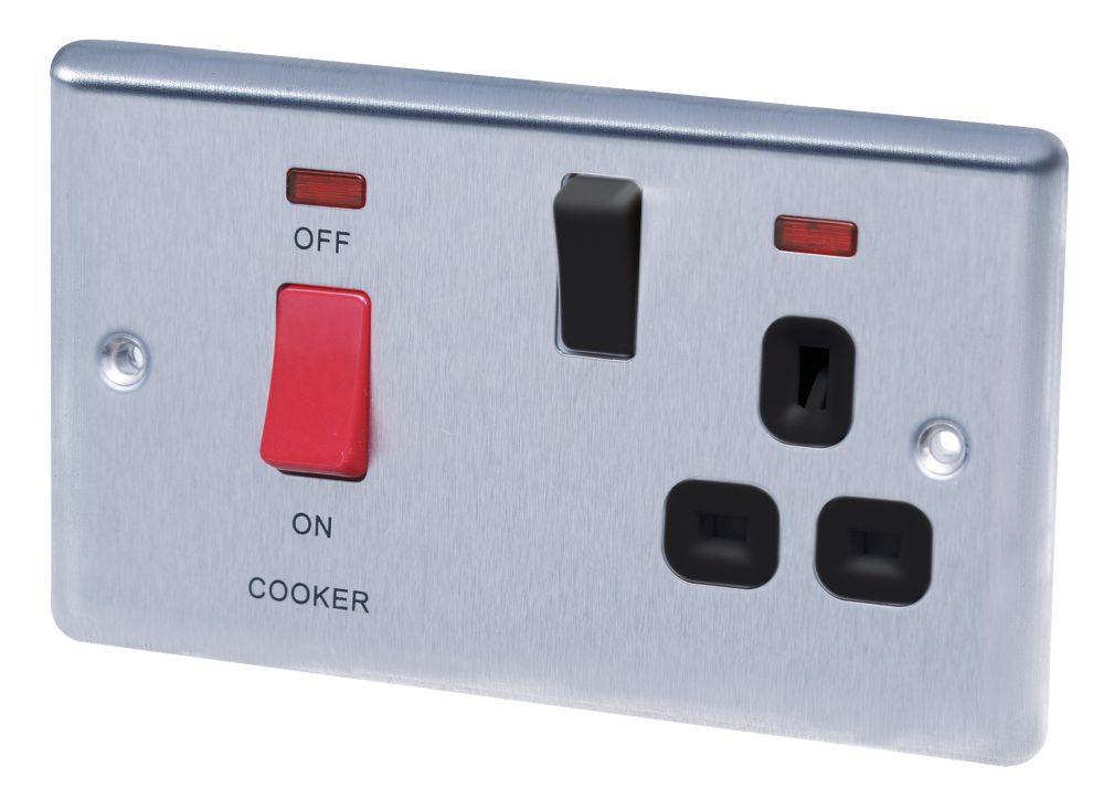 Image of LAP 45A 2-Gang DP Cooker Switch & 13A DP Switched Socket Brushed Stainless Steel with Neon with Black Inserts 