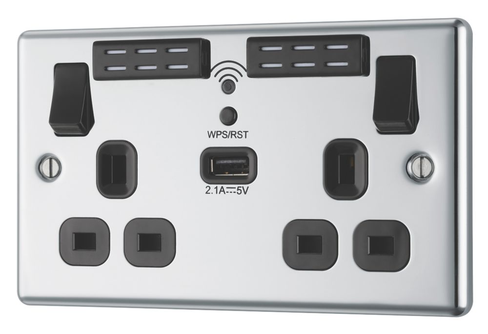 Image of LAP 13A 2-Gang SP Switched Wi-Fi Extender Socket + 2.1A 1-Outlet Type A USB Charger Polished Chrome with Black Inserts 