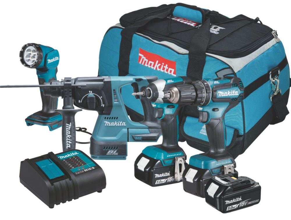 Image of Makita DLX4138T01 18V 3 x 5.0Ah Li-Ion LXT Brushless Cordless 4 Piece Combi Kit 