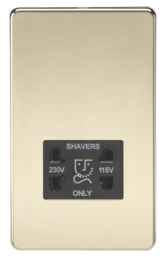 Image of Knightsbridge 2-Gang Dual Voltage Shaver Socket 115 V / 230V Polished Brass with Black Inserts 